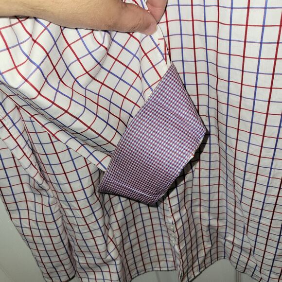 PAUL FREDERICK Dress Shirt Red White Blue Plaid 2-Ply Cotton Contrasting Cuff 17 - Picture 2 of 6